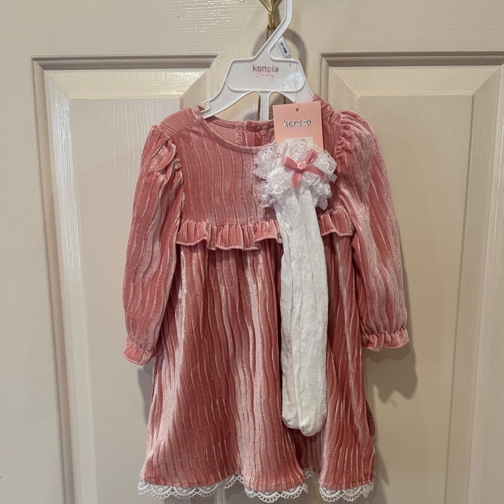 Pink Velvet Baby Dress with Tights NWT